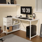 Bureau d'ordinateur en forme de L avec station de charge, bureau d'angle réversible pour PC avec tiroir