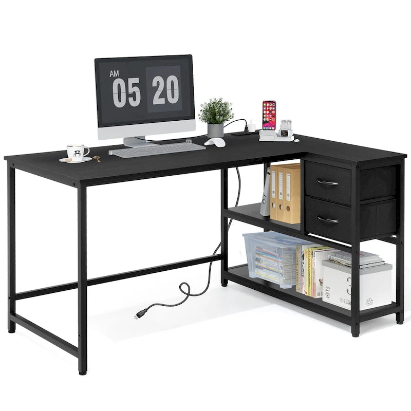 Bureau d'ordinateur en forme de L avec station de charge, bureau d'angle réversible pour PC avec tiroir