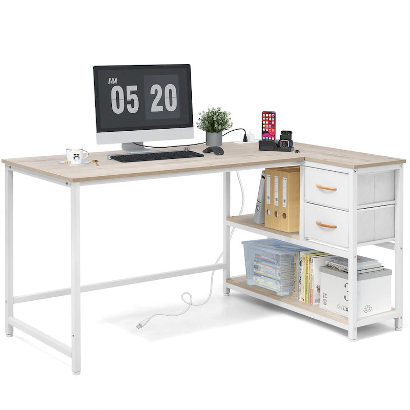 Bureau d'ordinateur en forme de L avec station de charge, bureau d'angle réversible pour PC avec tiroir