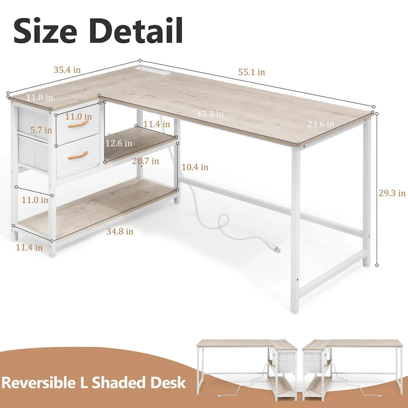 Bureau d'ordinateur en forme de L avec station de charge, bureau d'angle réversible pour PC avec tiroir