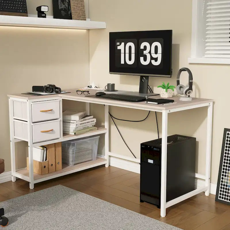 Bureau d'ordinateur en forme de L avec station de charge, bureau d'angle réversible pour PC avec tiroir