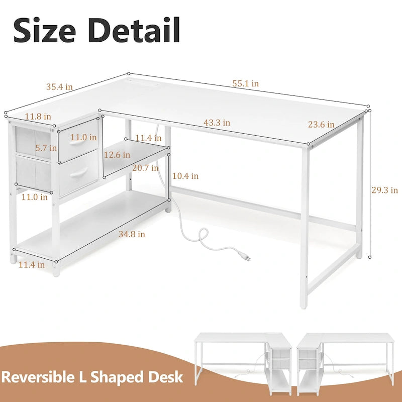 Bureau d'ordinateur en forme de L avec station de charge, bureau d'angle réversible pour PC avec tiroir