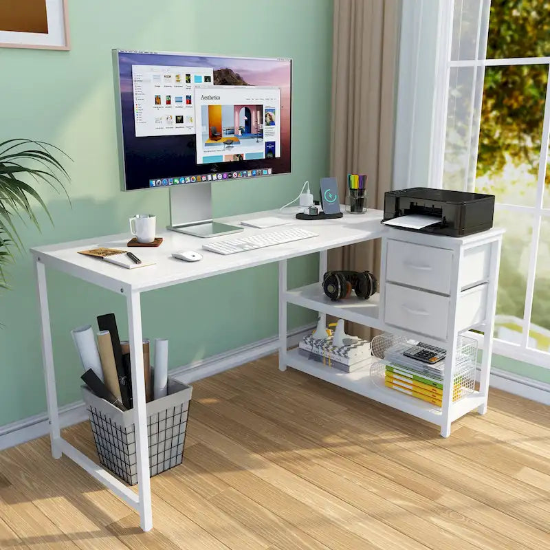 Bureau d'ordinateur en forme de L avec station de charge, bureau d'angle réversible pour PC avec tiroir