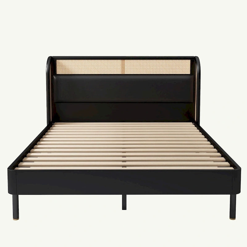 Lit plateforme Queen en bois de rotin