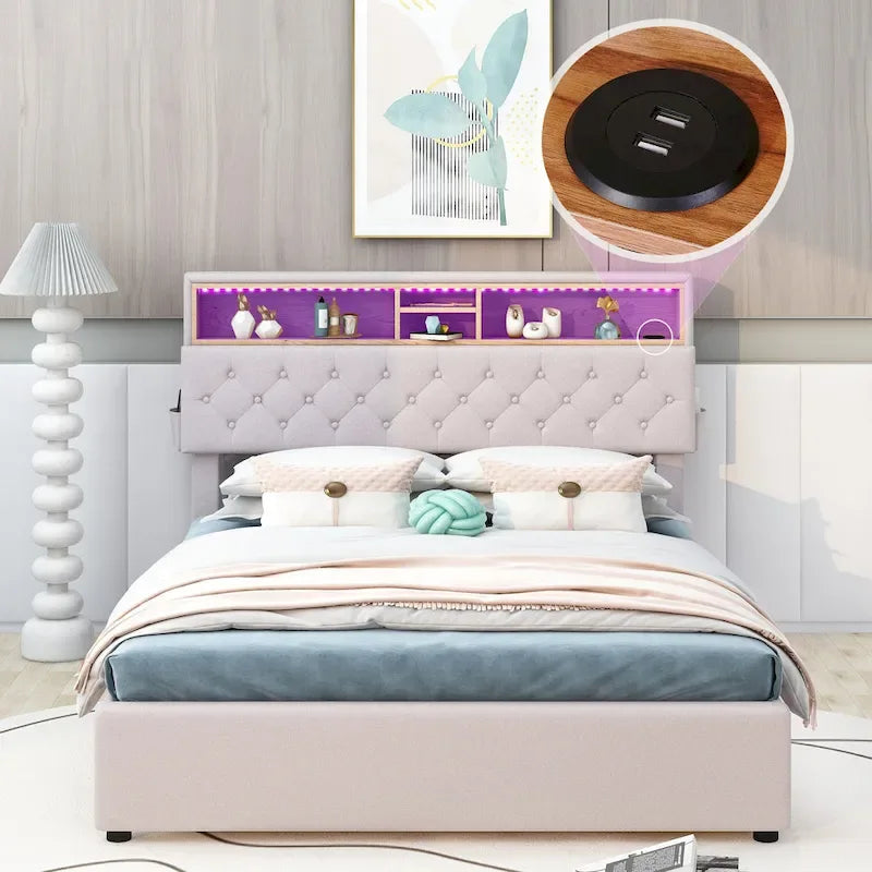 Lit plateforme rembourré pleine grandeur avec tête de lit de rangement, LED, chargement USB et 2 tiroirs, Beige