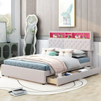 Lit plateforme rembourré pleine grandeur avec tête de lit de rangement, LED, chargement USB et 2 tiroirs, Beige