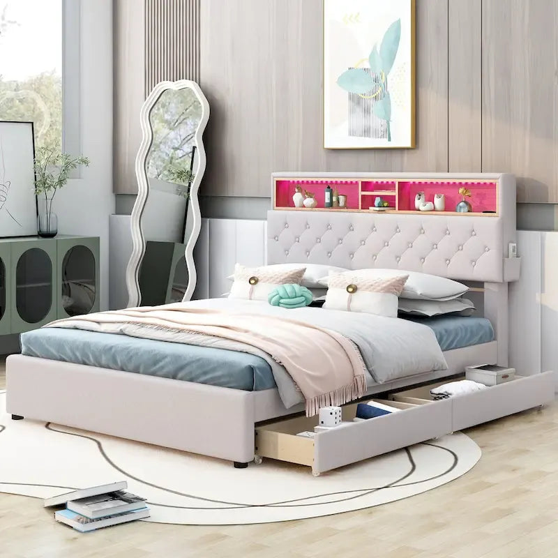 Lit plateforme rembourré pleine grandeur avec tête de lit de rangement, LED, chargement USB et 2 tiroirs, Beige