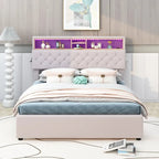 Lit plateforme rembourré pleine grandeur avec tête de lit de rangement, LED, chargement USB et 2 tiroirs, Beige