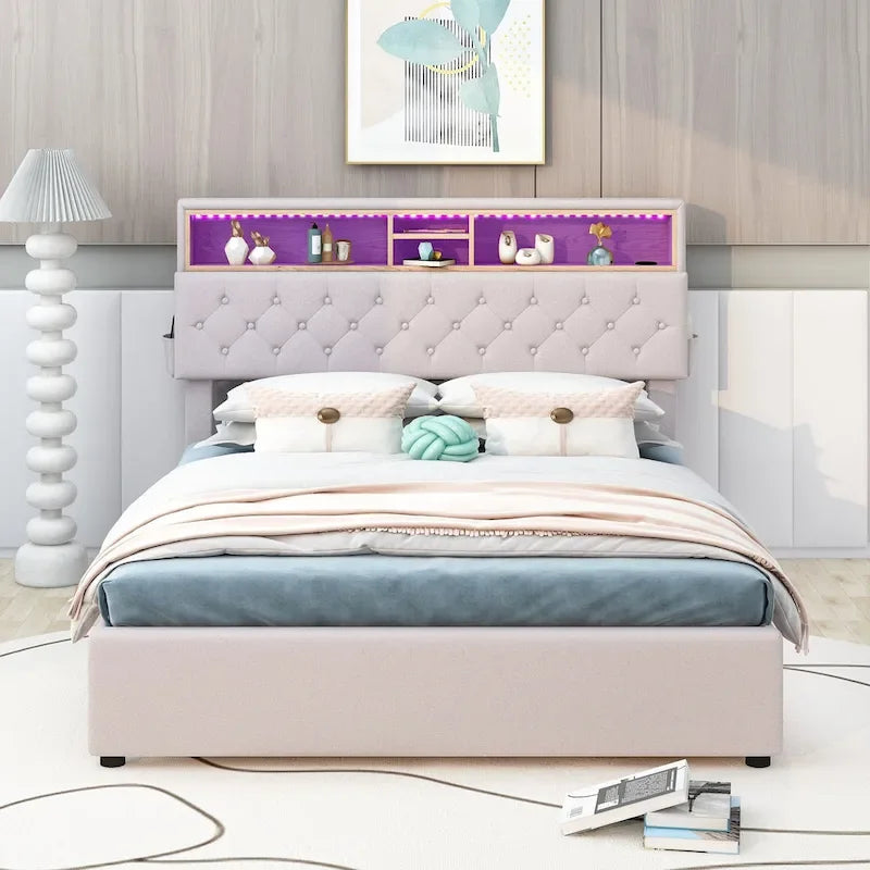 Lit plateforme rembourré pleine grandeur avec tête de lit de rangement, LED, chargement USB et 2 tiroirs, Beige
