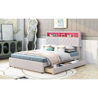 Lit plateforme rembourré pleine grandeur avec tête de lit de rangement, LED, chargement USB et 2 tiroirs, Beige
