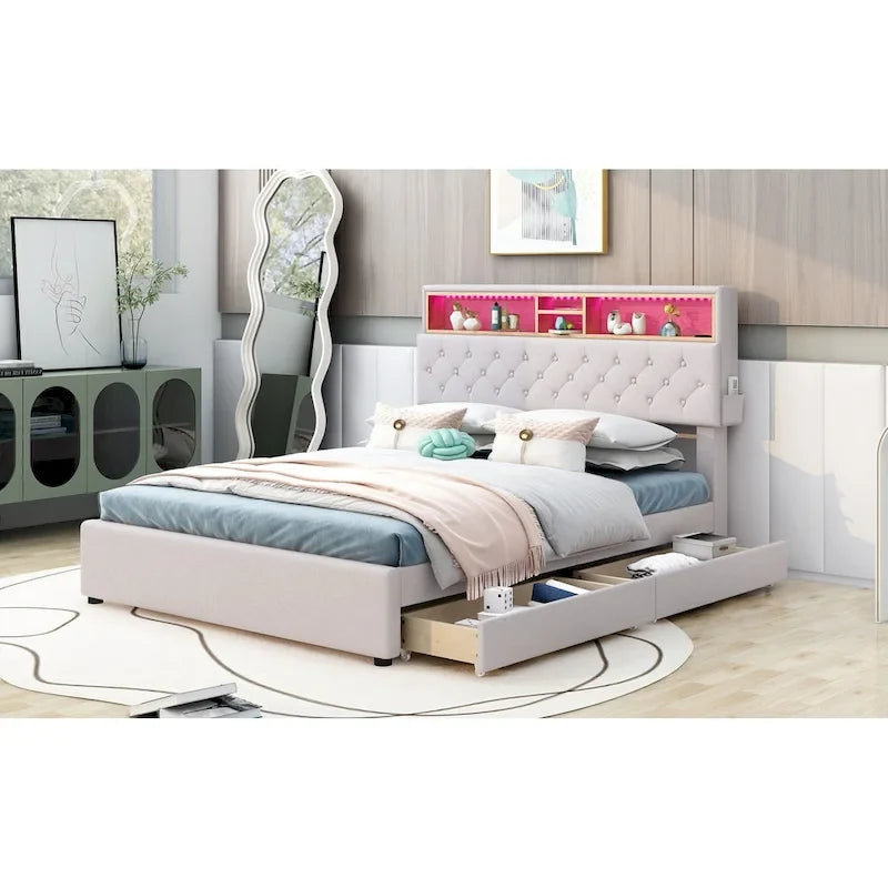 Lit plateforme rembourré pleine grandeur avec tête de lit de rangement, LED, chargement USB et 2 tiroirs, Beige