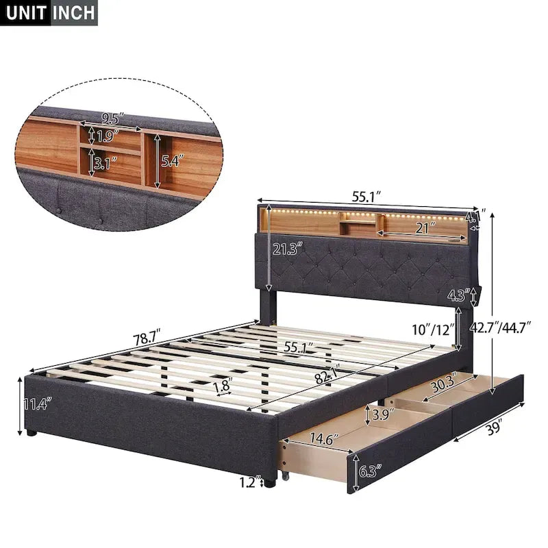 Lit plateforme rembourré pleine grandeur avec tête de lit de rangement, LED, chargement USB et 2 tiroirs, Beige