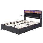 Lit plateforme rembourré pleine grandeur avec tête de lit de rangement, LED, chargement USB et 2 tiroirs, Beige