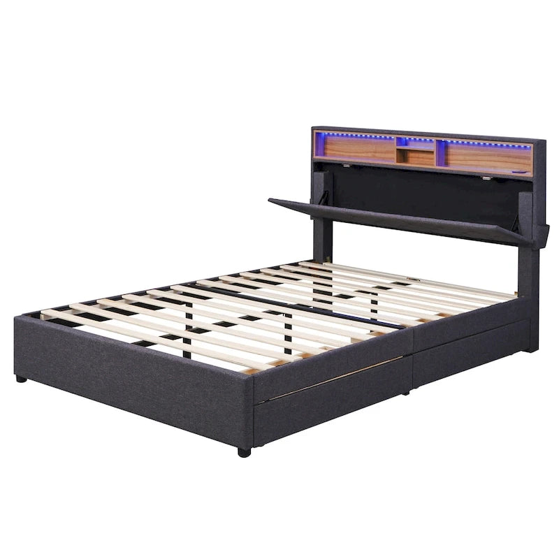 Lit plateforme rembourré pleine grandeur avec tête de lit de rangement, LED, chargement USB et 2 tiroirs, Beige