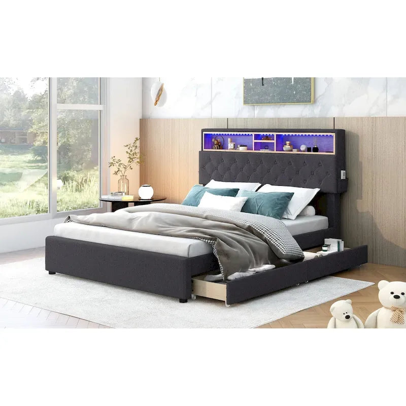 Lit plateforme rembourré pleine grandeur avec tête de lit de rangement, LED, chargement USB et 2 tiroirs, Beige