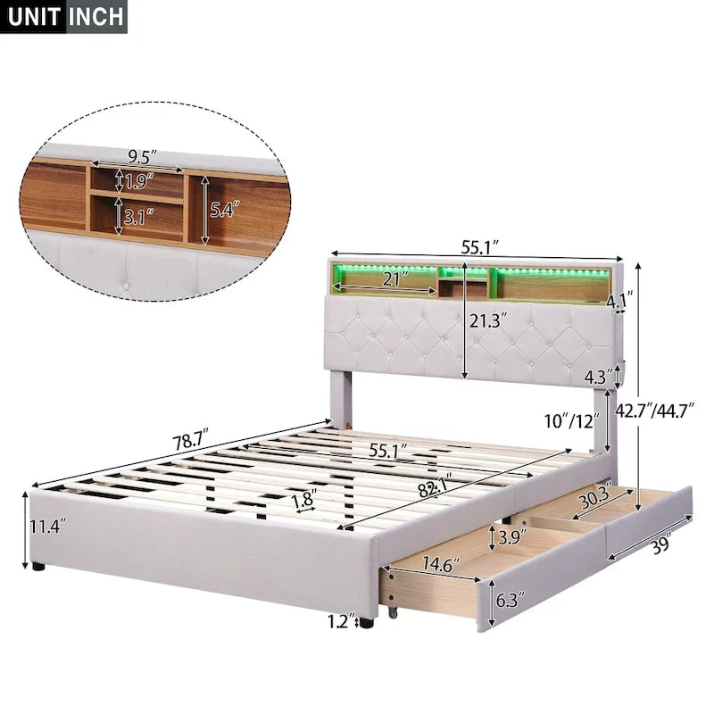 Lit plateforme rembourré pleine grandeur avec tête de lit de rangement, LED, chargement USB et 2 tiroirs, Beige