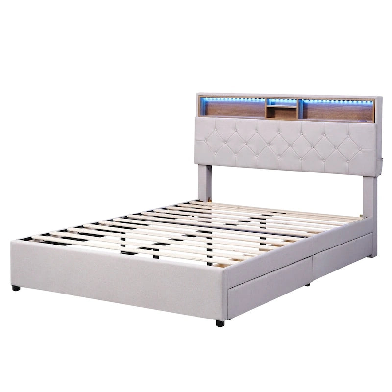 Lit plateforme rembourré pleine grandeur avec tête de lit de rangement, LED, chargement USB et 2 tiroirs, Beige