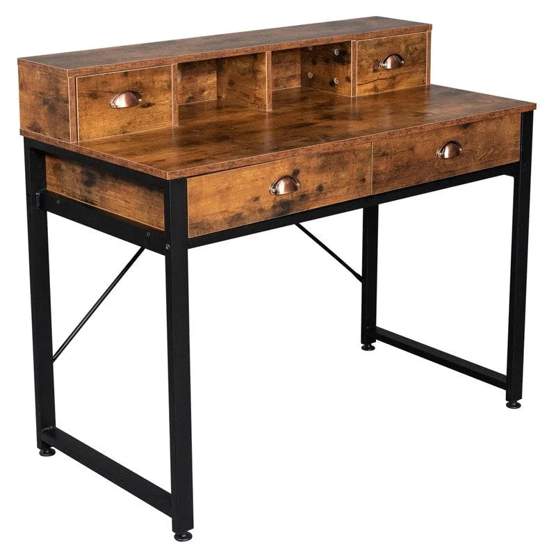 Bureau d'ordinateur 4 tiroirs en panneau de particules avec cadre en acier noir