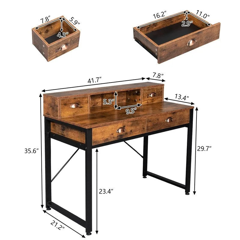 Bureau d'ordinateur 4 tiroirs en panneau de particules avec cadre en acier noir