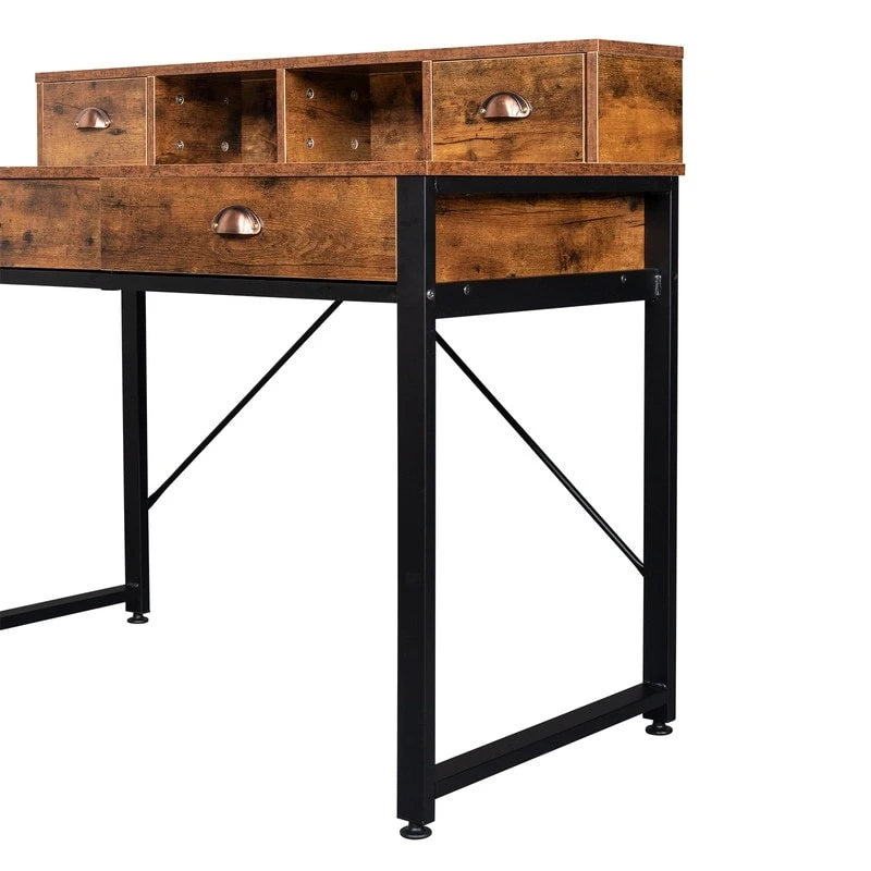 Bureau d'ordinateur 4 tiroirs en panneau de particules avec cadre en acier noir