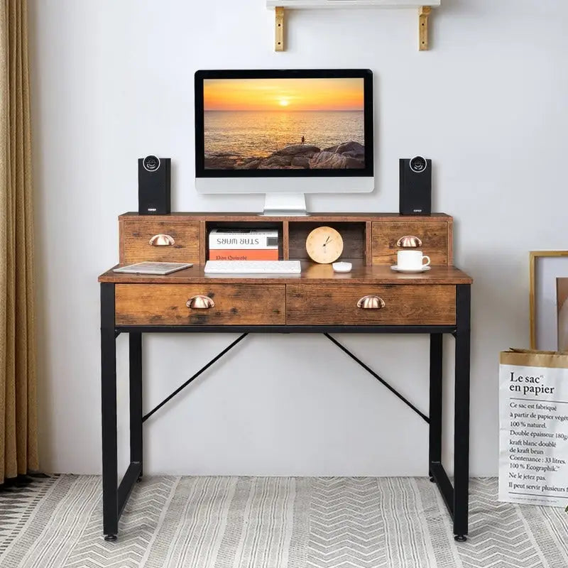 Bureau d'ordinateur 4 tiroirs en panneau de particules avec cadre en acier noir