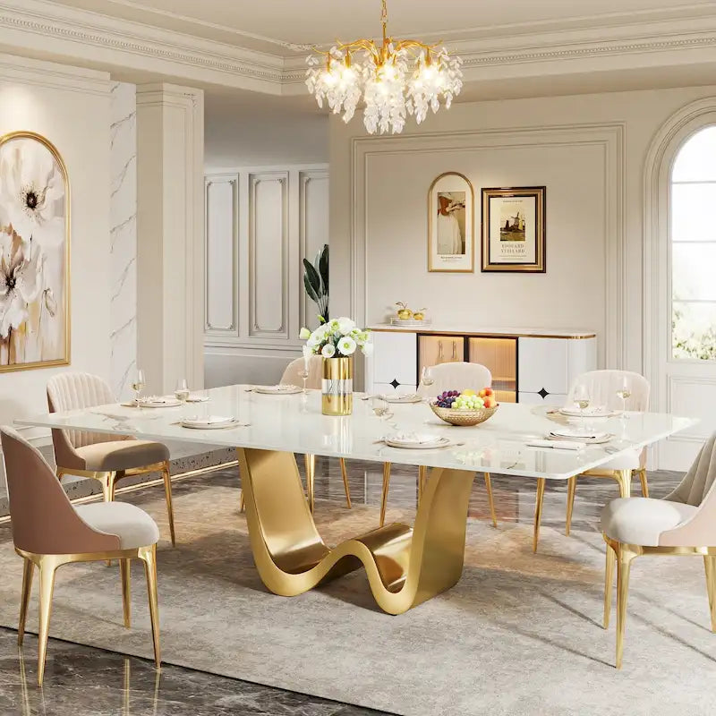 79 Table à manger moderne pour 8 personnes, rectangulaire, de luxe, blanche et dorée, avec plateau en pierre frittée