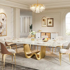 79 Table à manger moderne pour 8 personnes, rectangulaire, de luxe, blanche et dorée, avec plateau en pierre frittée