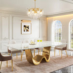 79 Table à manger moderne pour 8 personnes, rectangulaire, de luxe, blanche et dorée, avec plateau en pierre frittée
