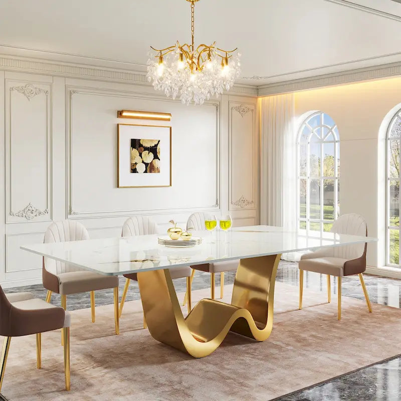 79 Table à manger moderne pour 8 personnes, rectangulaire, de luxe, blanche et dorée, avec plateau en pierre frittée