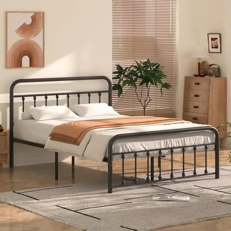 Cadre de lit en métal noir avec tête et pied de lit vintage, aucun sommier tapissier requis, support de lattes en acier stable de qualité supérieure, noir