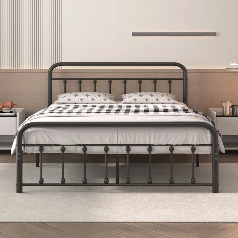 Cadre de lit en métal noir avec tête et pied de lit vintage, aucun sommier tapissier requis, support de lattes en acier stable de qualité supérieure, noir