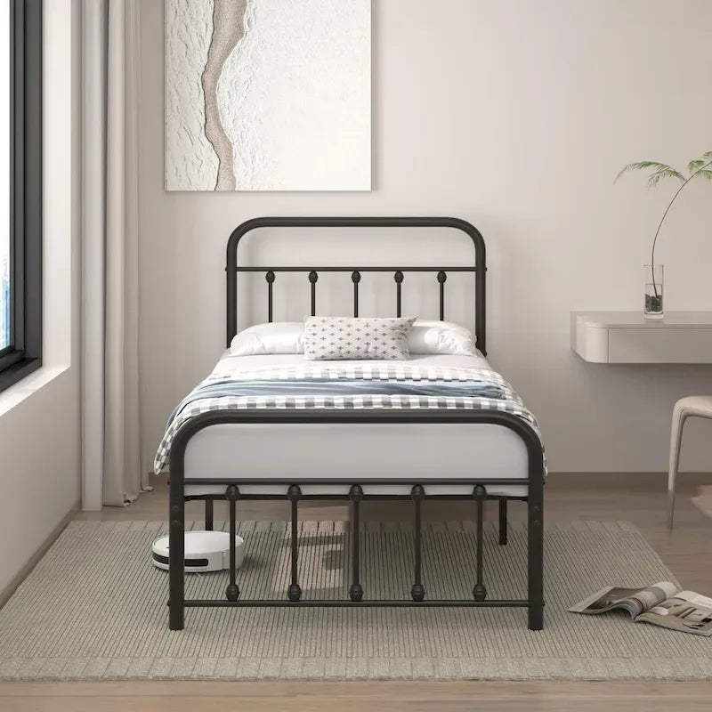 Cadre de lit en métal noir avec tête et pied de lit vintage, aucun sommier tapissier requis, support de lattes en acier stable de qualité supérieure, noir