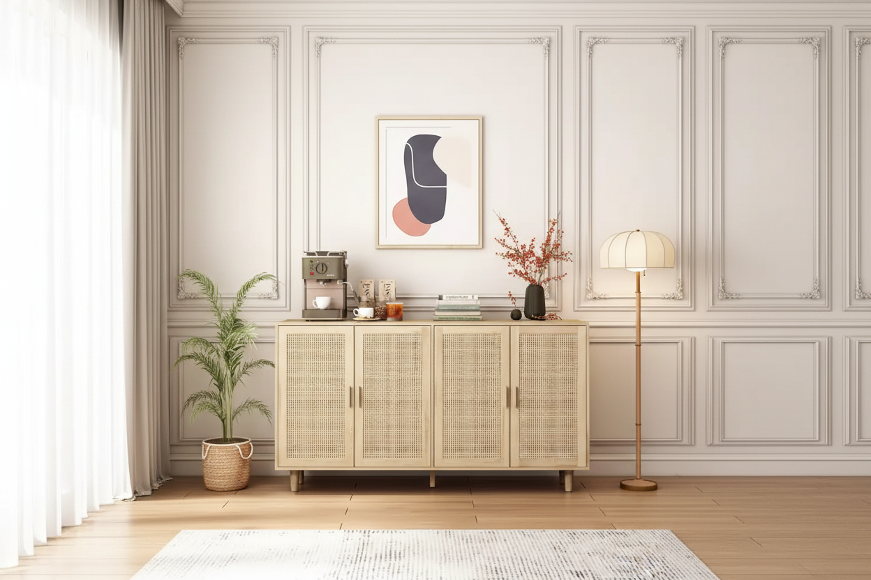 62.20 Buffet/Bahut en Rotin à 4 Portes, Élégant et Fonctionnel