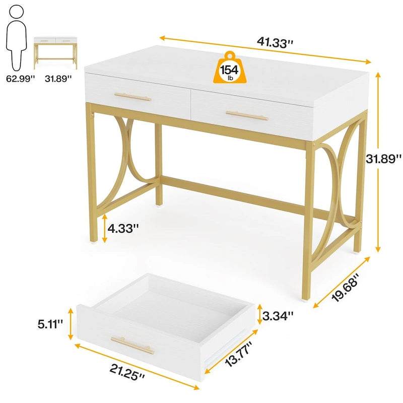 Bureau d'ordinateur 41 po avec deux tiroirs, bureau d'étude et d'écriture moderne avec rangement