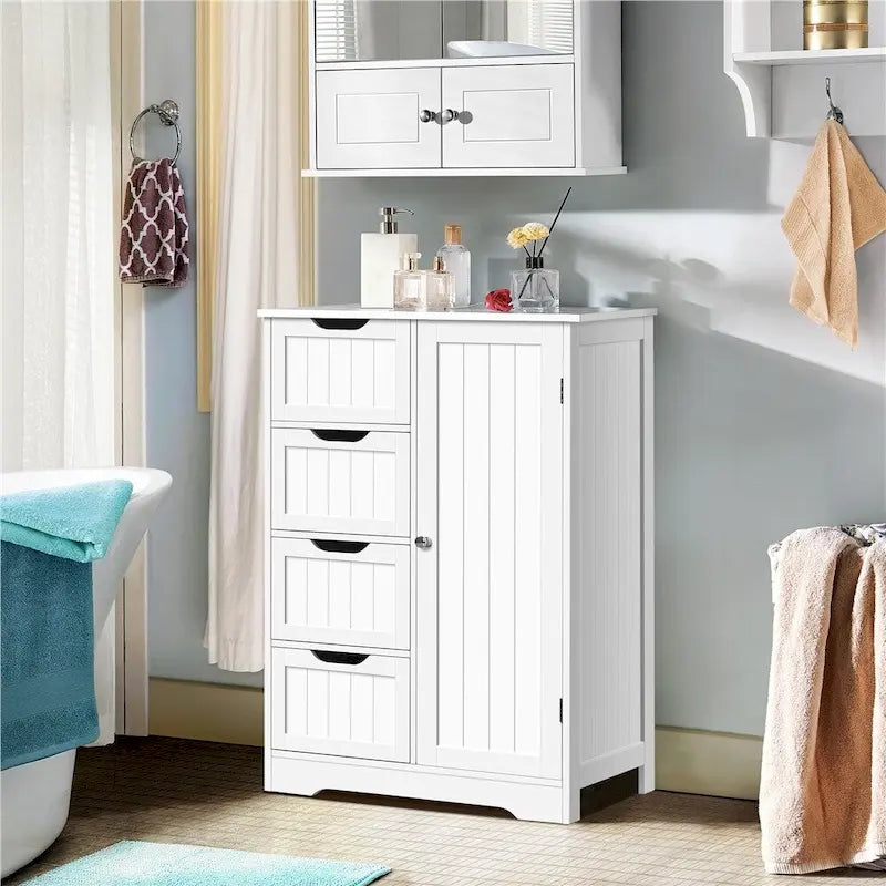 Grand meuble de rangement de salle de bain, meuble bas autoportant avec 4 tiroirs et 1 placard