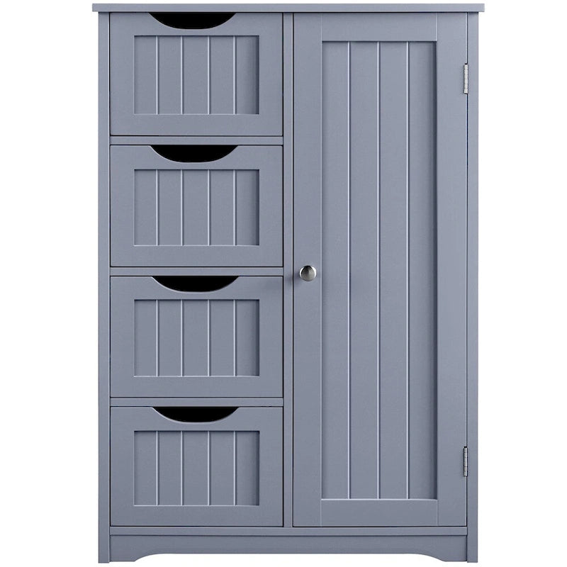 Grand meuble de rangement de salle de bain, meuble bas autoportant avec 4 tiroirs et 1 placard