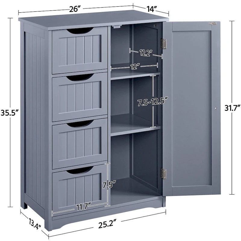 Grand meuble de rangement de salle de bain, meuble bas autoportant avec 4 tiroirs et 1 placard
