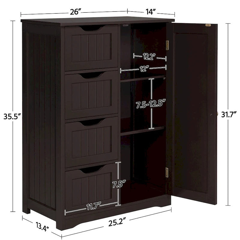 Grand meuble de rangement de salle de bain, meuble bas autoportant avec 4 tiroirs et 1 placard