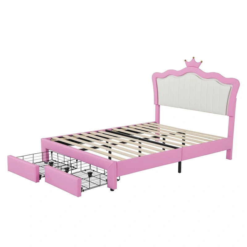 Cadre de lit rembourré pleine grandeur avec lumières LED, lit de princesse moderne rembourré avec tête de lit couronne, 2 tiroirs, rose+blanc