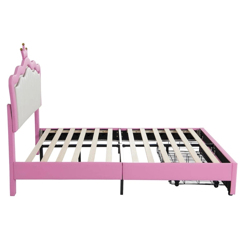 Cadre de lit rembourré pleine grandeur avec lumières LED, lit de princesse moderne rembourré avec tête de lit couronne, 2 tiroirs, rose+blanc
