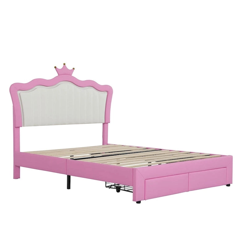 Cadre de lit rembourré pleine grandeur avec lumières LED, lit de princesse moderne rembourré avec tête de lit couronne, 2 tiroirs, rose+blanc