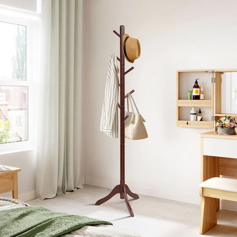 Wooden Coat Rack Stand Hall Tree 2 Adjustable Height w/ 8 Hooks