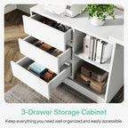 Bureau d'ordinateur blanc en L polyvalent avec tiroirs et étagères